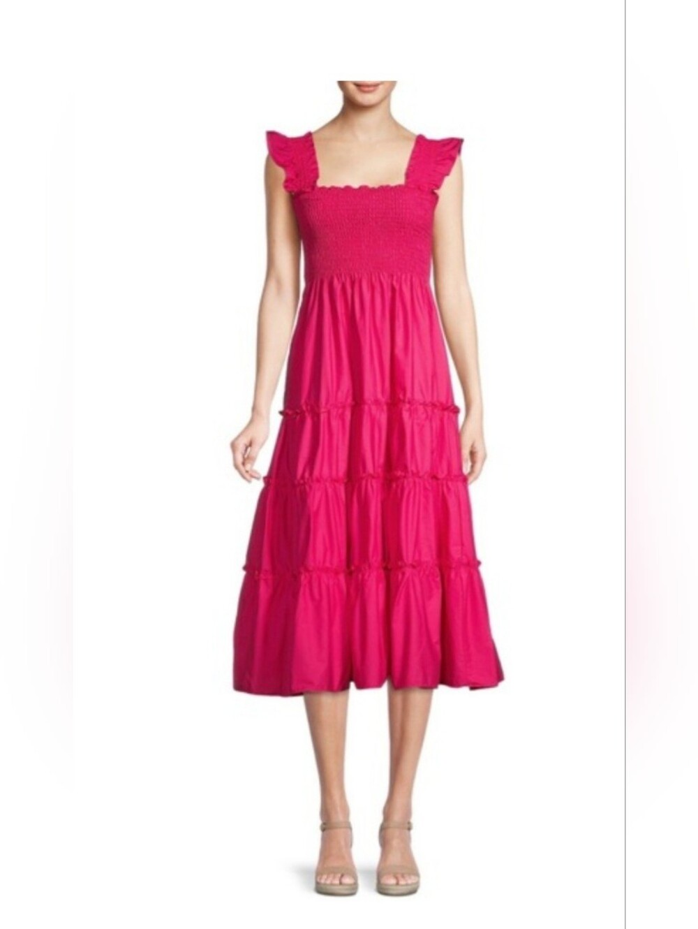 NWT CAARA Bright Fuchsia Ruffled Strap Midi Dress Size Small